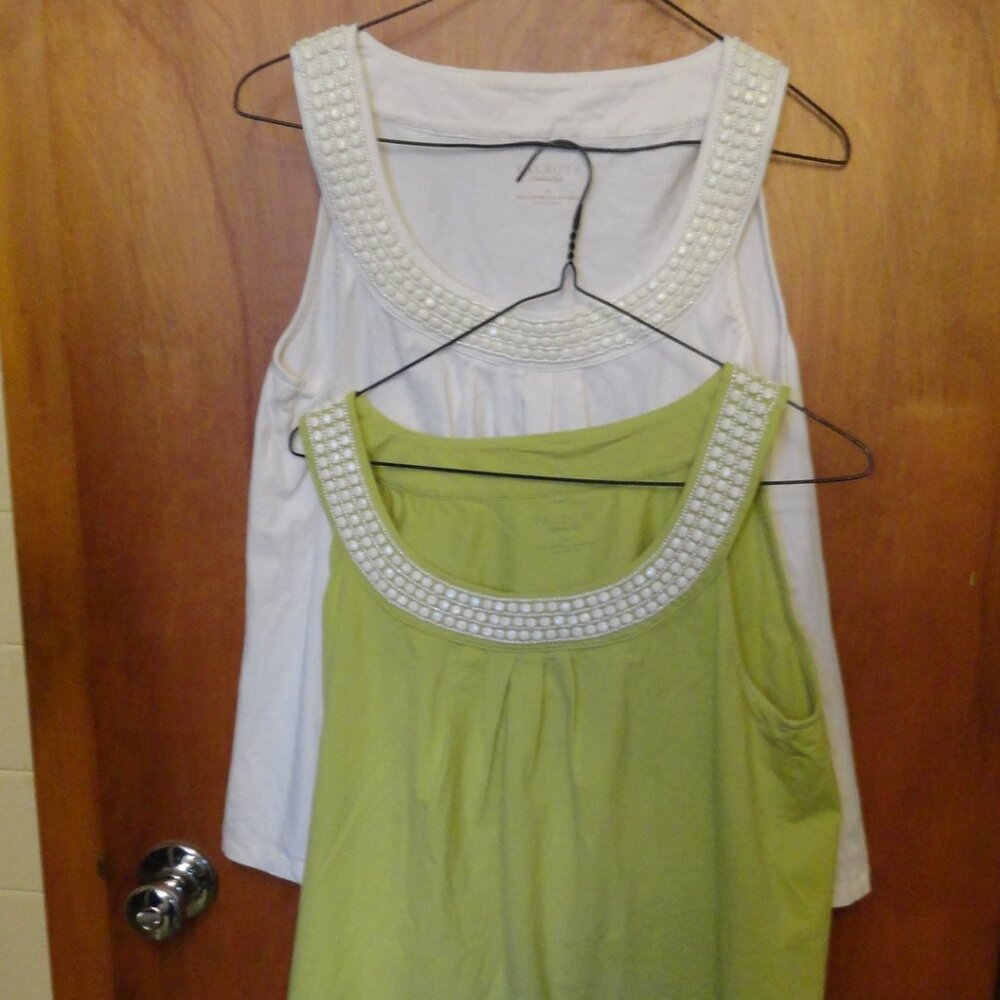2 Talbots camisole tank tops avocado and cream beaded necklines women's medium
